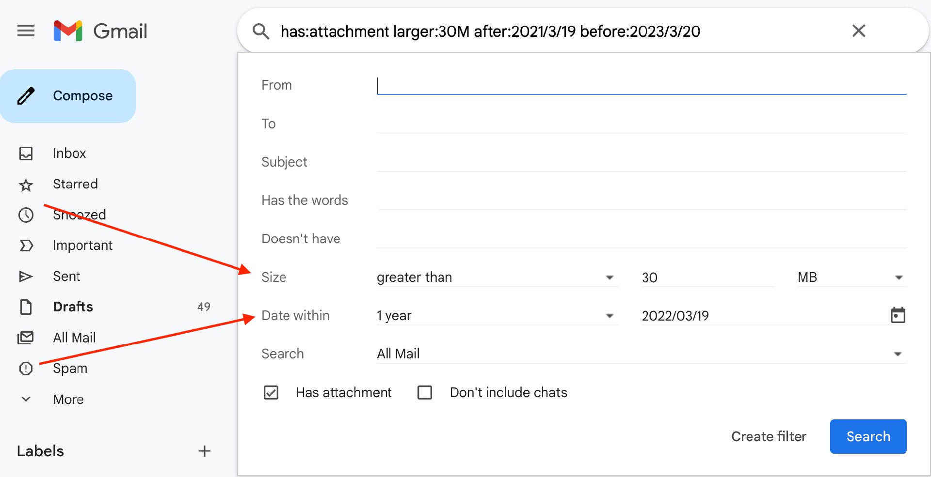 Gmail didelės apimties laiškų suradimas ir šalinimas