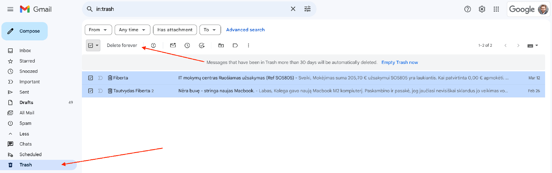 Gmail šiukšlinės išvalymas